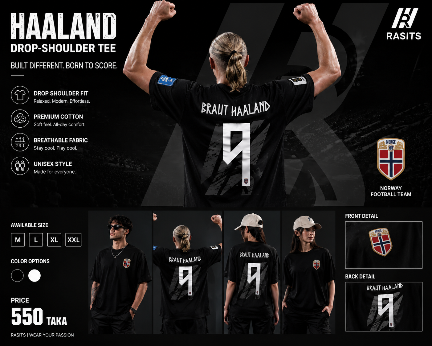 Haaland & Norway Collection Tee – 220 GSM Interlock – Football Pride in Comfort 4