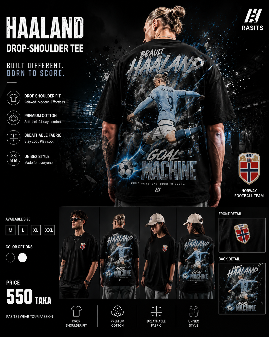 Haaland & Norway Collection Tee – 220 GSM Interlock – Football Pride in Comfort 7